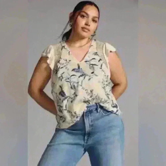 Anthropologie Tiny Flutter-Sleeve Embroidered Top Blue Floral Cream V Neck XS - Picture 1 of 8